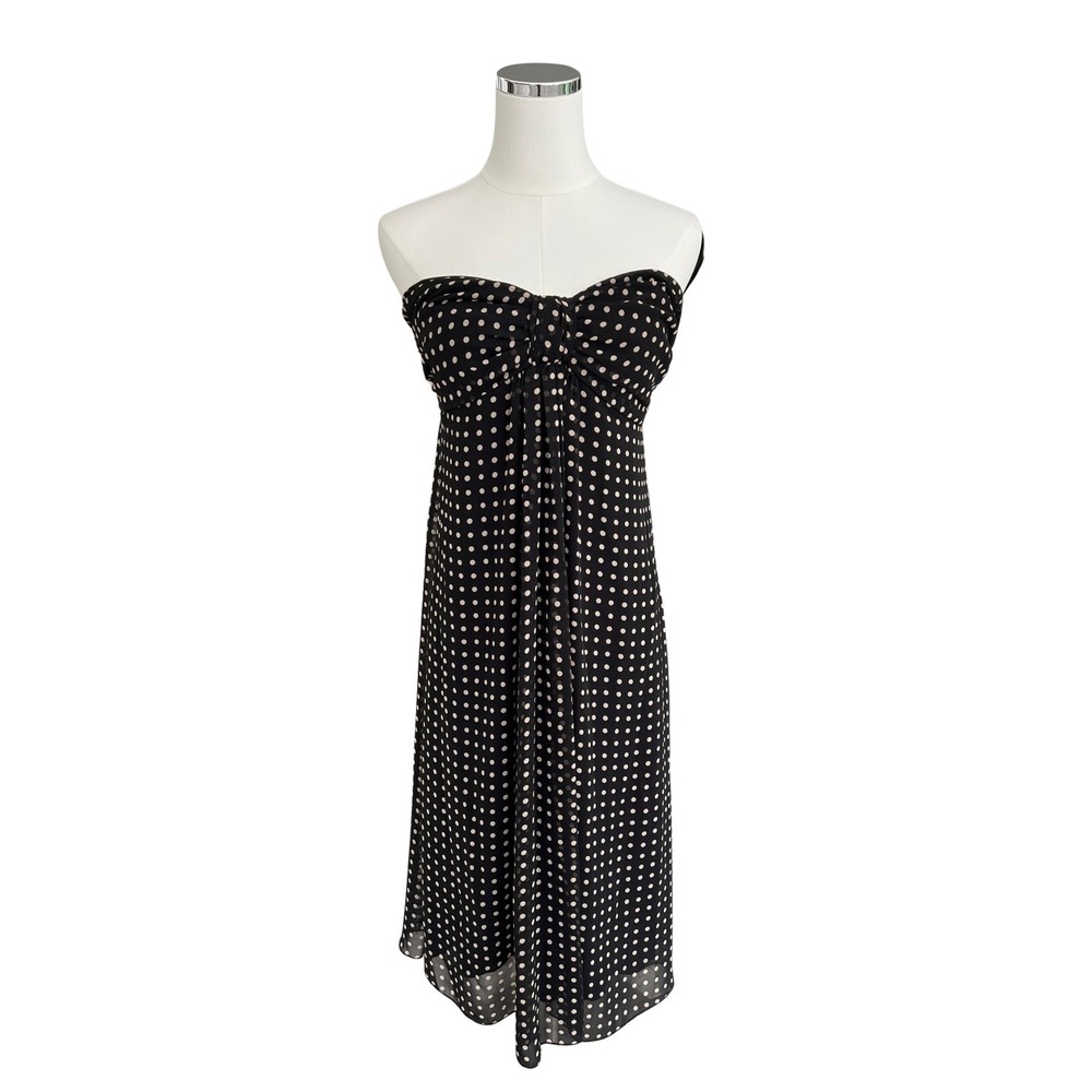 Black Polka Dot Strapless Dress Midi Dress  Size 12 Smocked Casual Party Elegant